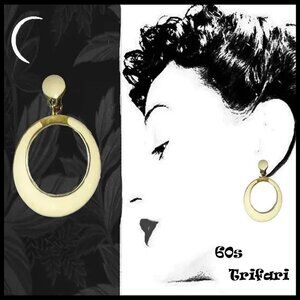 Clip On Hoop Earrings Vintage Enamel Crown Trifari Hoops in Jewelry Gift Box